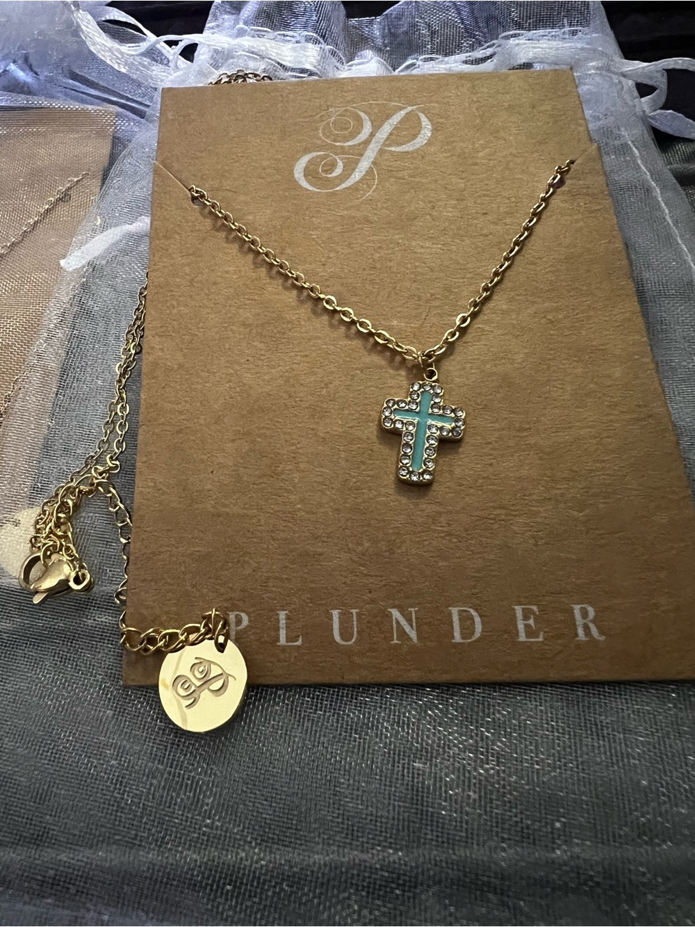Plunder Gold-Tone Cross Necklace with Turquoise and Crystal Accents - Picture 2 of 3